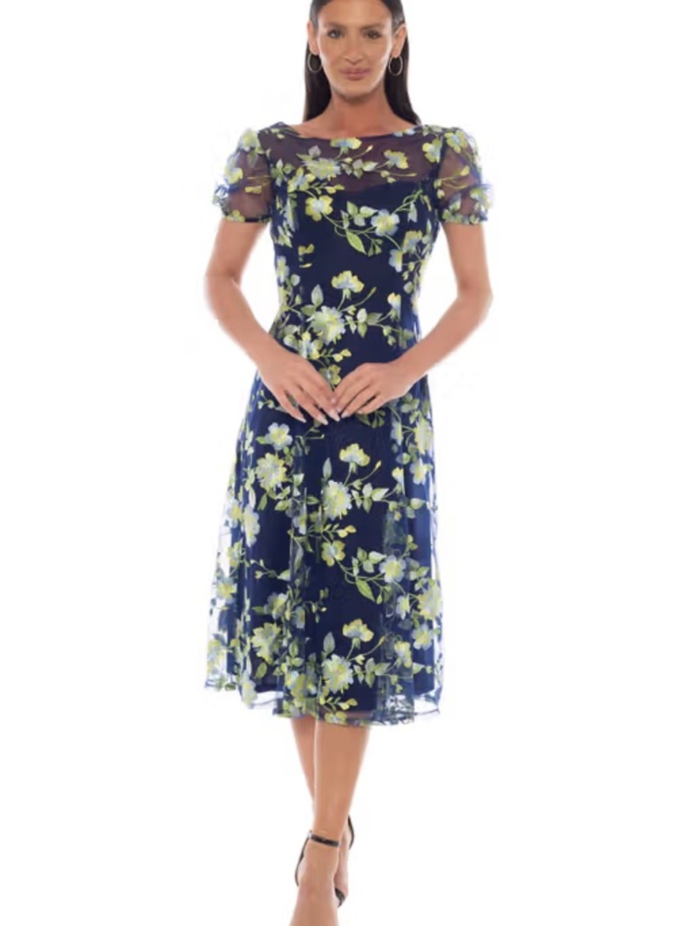 Oleg Cassini Navy Midi Dress with Green and Light Yellow Floral Appliqué